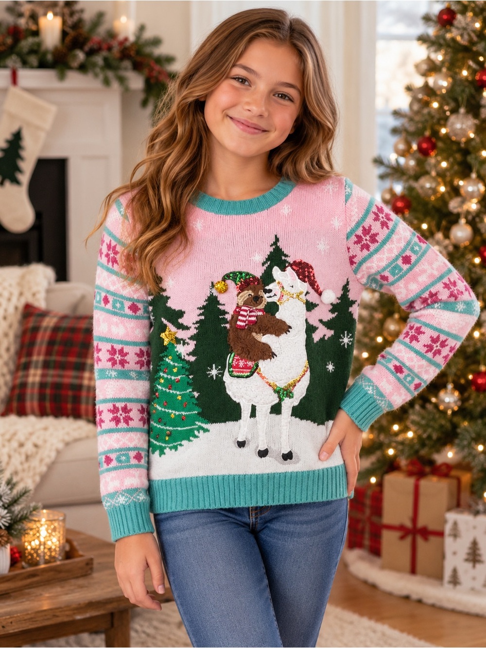 33 Degrees Kids L 10/12 Pink Christmas Sweater Llama Sloth Holiday Pullover